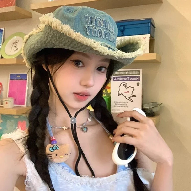 Wholesale Letter Tassel Denim Women Sun Hat Spring Summer Hiking Sun Protection Panama Beach Wide Side Bucket Hat for Men 250901
