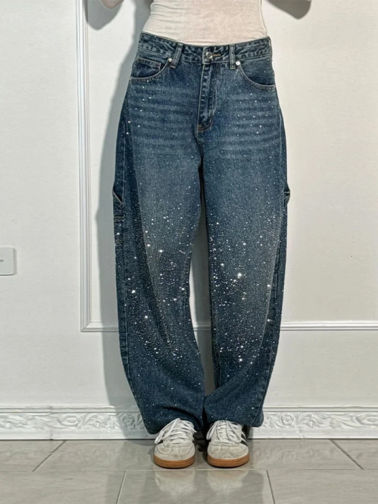 Rhinestone Wide Leg Lady Jeans Diamonds Denim Straigt High Waist Zipper Female Pants Fashion Pockets Street Lady Trouser 250902