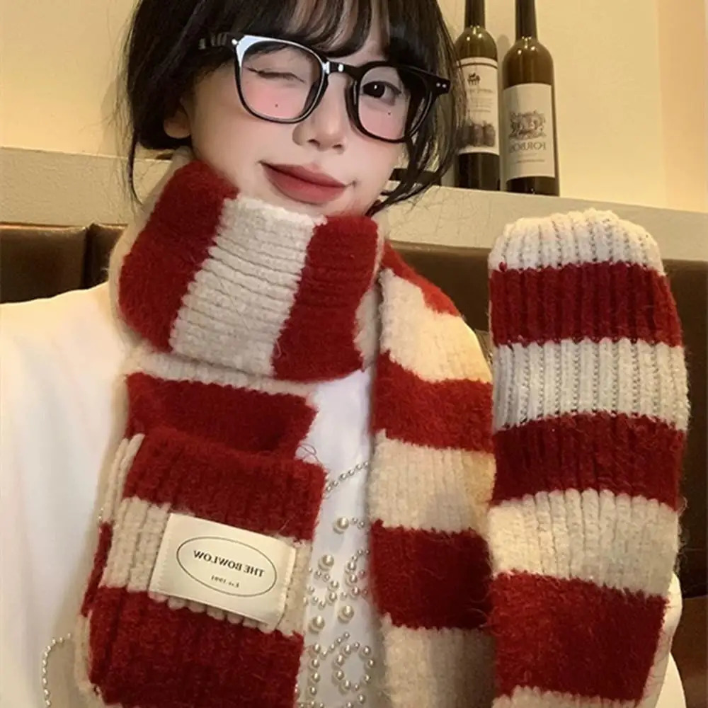 Red Stripe Soft Wool Knitted Scarf Women Winter Korean Thick Warm Fashion Y2K Harajuku Shawl Christmas Year Gift 250901