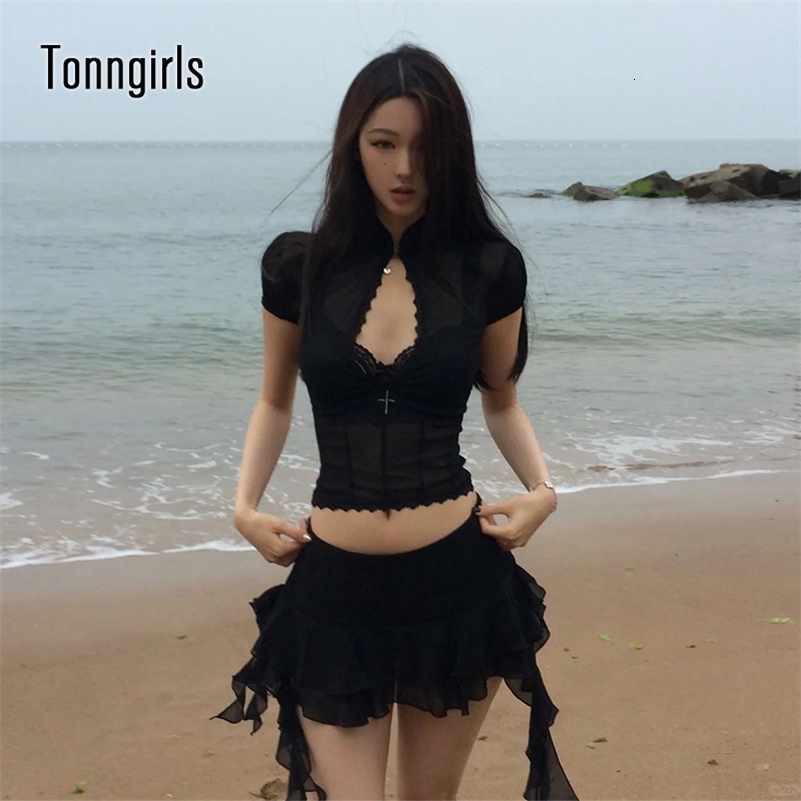 Tonngirls Y2k Fairycore Two Piece Set For Women Hollow Out Lace Mesh Shirt Irregular Mini Shirts Vintage Skirt Sets Japanese 250901
