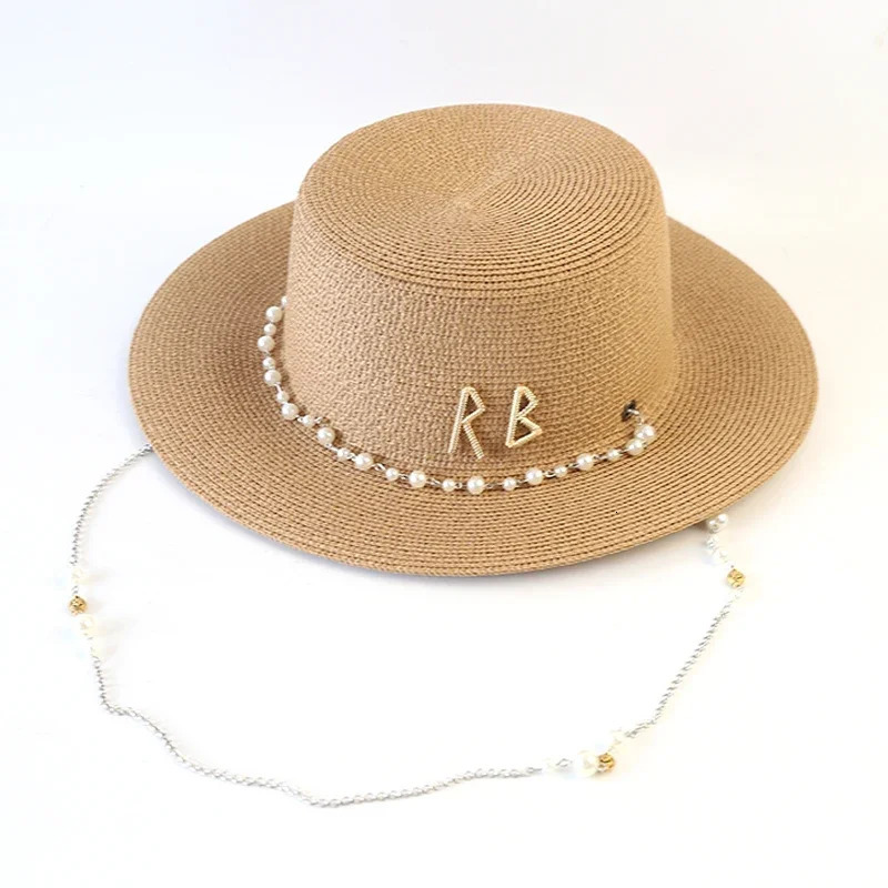 Fashion Metal RB Letter Chain Sun Hat Pearl Women and Men Summer Outdoor Vacation Beach Sunscreen Straw Hat Wholesale 250901