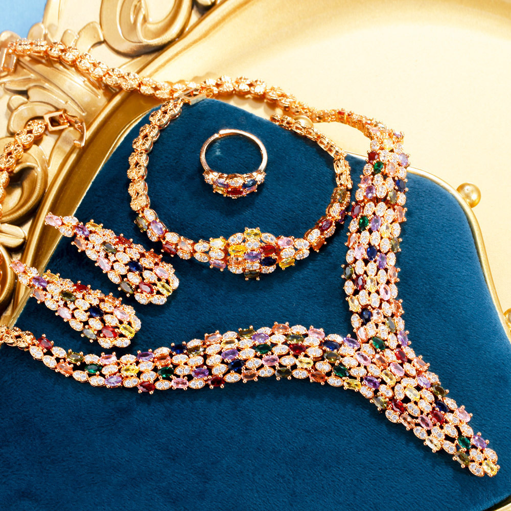 Full Diamond Colorful Collarbone Chain Earring Set Dress Evening Bridal Exaggerated Zircon FourPiece Set