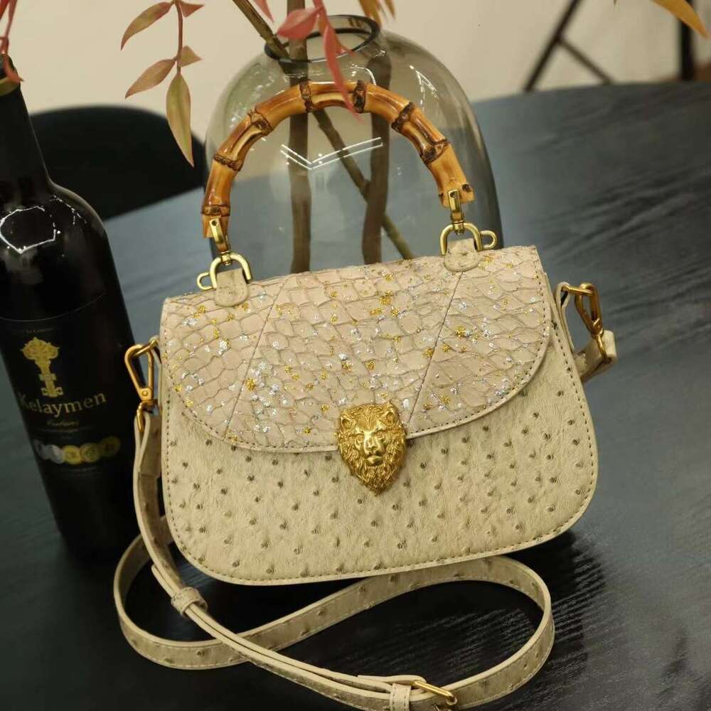 Genuine Leather Women's Shoulder Bamboo Knot Bag Spring New Ostrich Pattern Saddle Fashion High-end Light Luxury Handbag