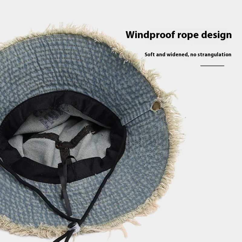 Wholesale Letter Tassel Denim Women Sun Hat Spring Summer Hiking Sun Protection Panama Beach Wide Side Bucket Hat for Men 250901