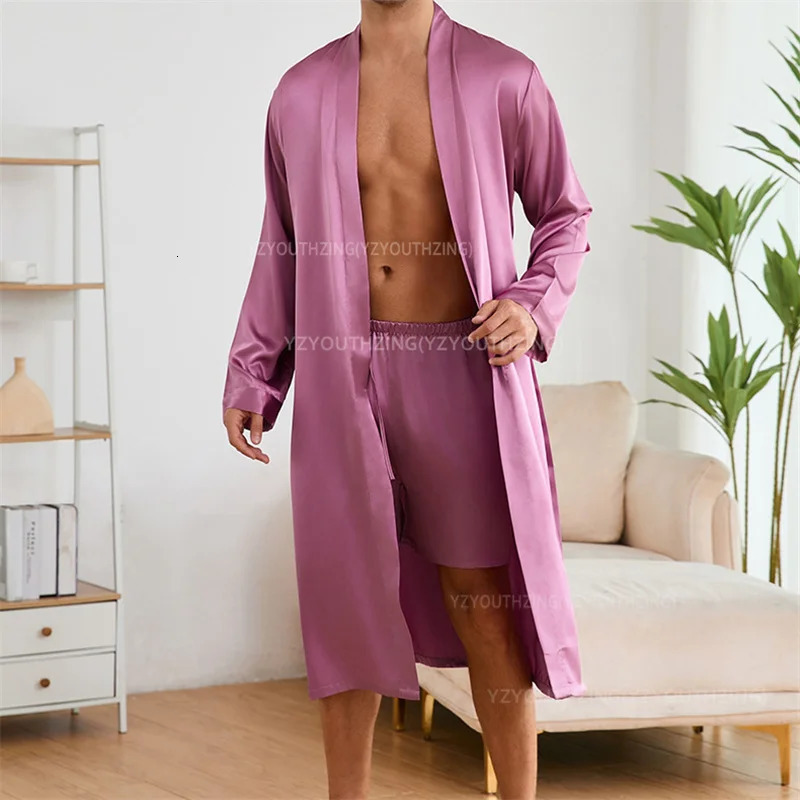 Solid Color Sleep Wear Set Men Silkly Satin Man Nightwear Loose Japanese Mens Pyjama Set Summer Kimono Shorts Pajamas Suit 250902