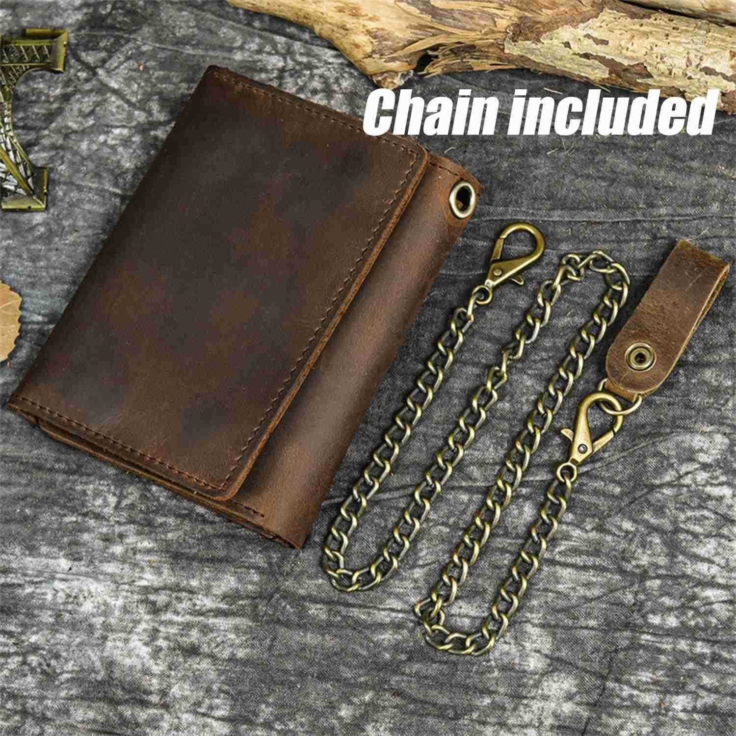 Mens Trifold Vintage Biker Cowhide Top Grain Leather Steel Chain Wallet Chain Wallets for Men Cow Leather Wallet Snap ClosureZ250911