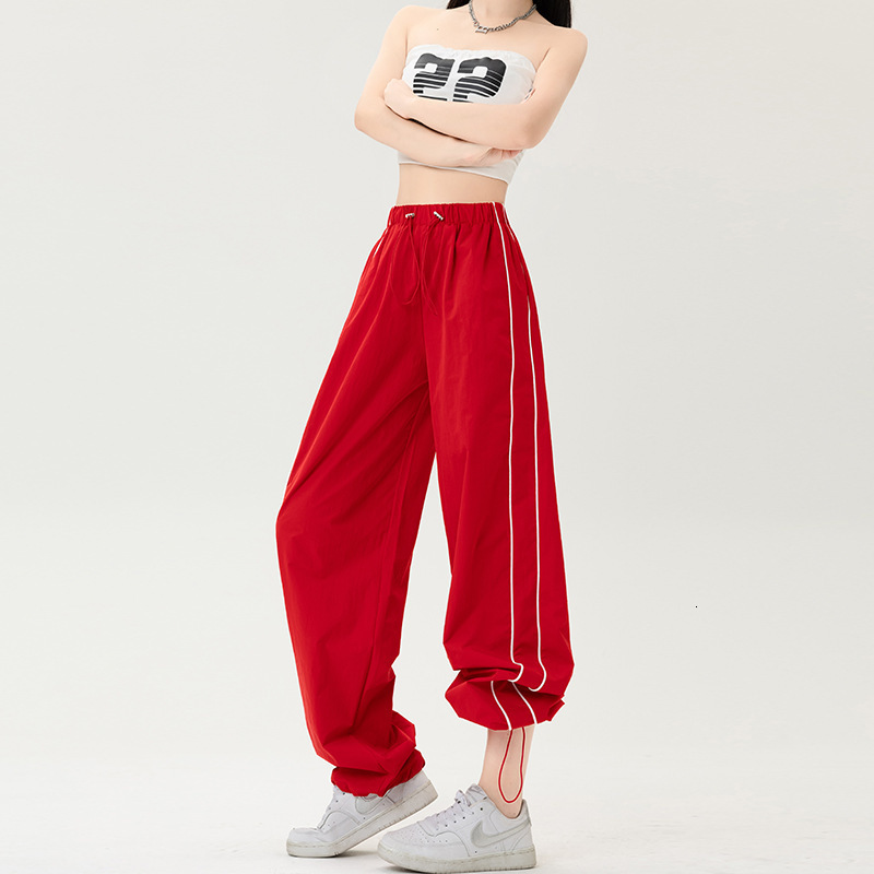 American Style QuickDry Cargo Pants for Women 2025 Summer Drawstring Jogger StraightLeg Loose Casual WideLeg Pants 241007