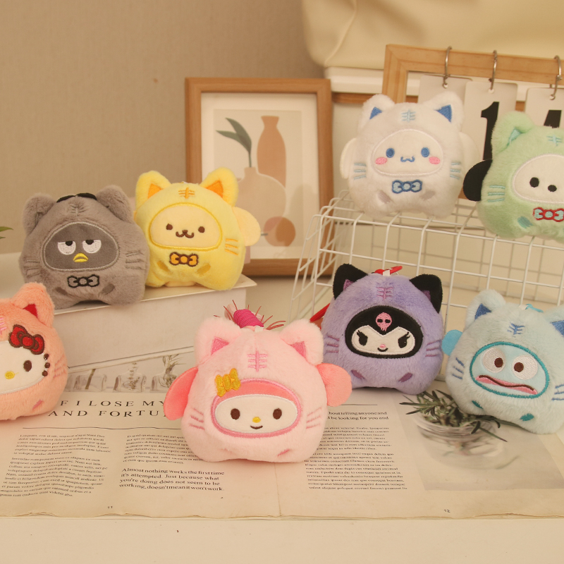 Mini Kawaii Plush Hello Cat Doll Pendant Kuromi Cinnamon Plushies Stuffed Animal Melody Plush Doll Keychain Toy