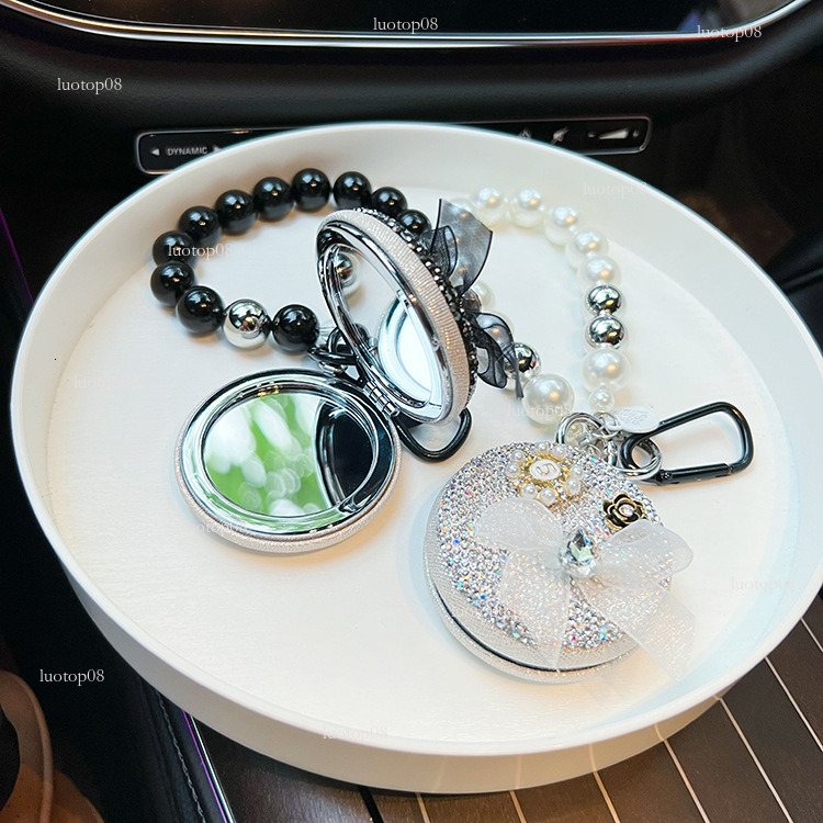Fashion style version diamondstudded White flowers style folding creative beaded portable car keychain makeup mirror bag pendant Luxurys designer