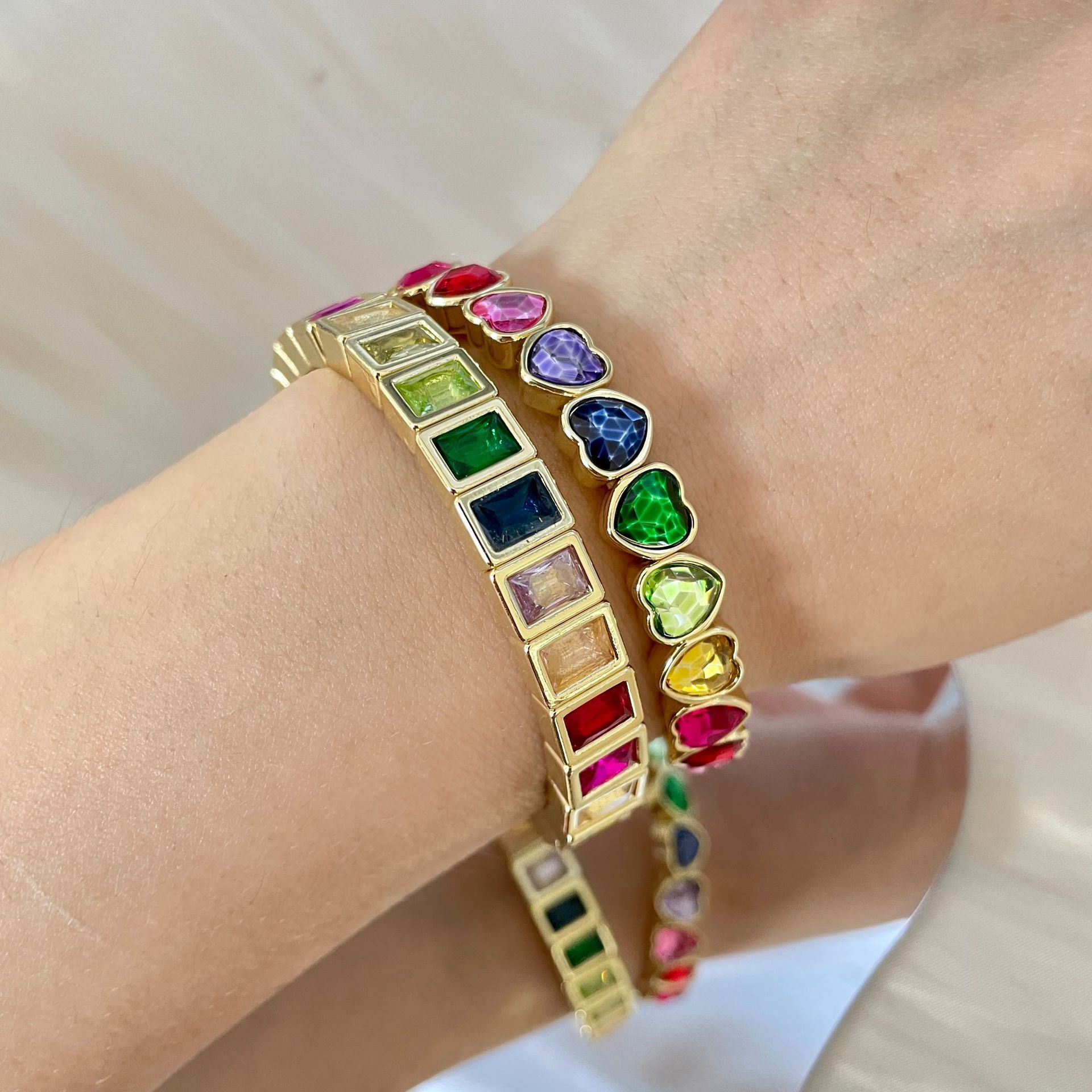 Luxury Brand Designer Jewelry European And American Colorful Fashion Geometric Square Heart Bracelet Elastic Women's Bracelet