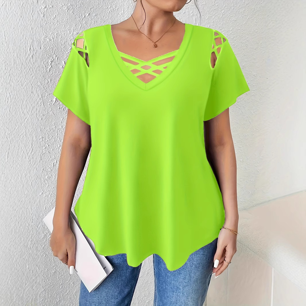 2025 New Womens Vneck Solid Color Short Sleeve Cross Strap Detail Tshirt Womens Fashion 250526