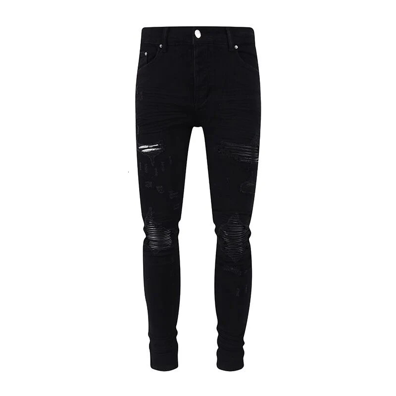 Fashion ner Men Jeans High Quality Black Stretch Skinny Fit Leather Patched Ripped Y2K Hip Hop Denim Pants 250902