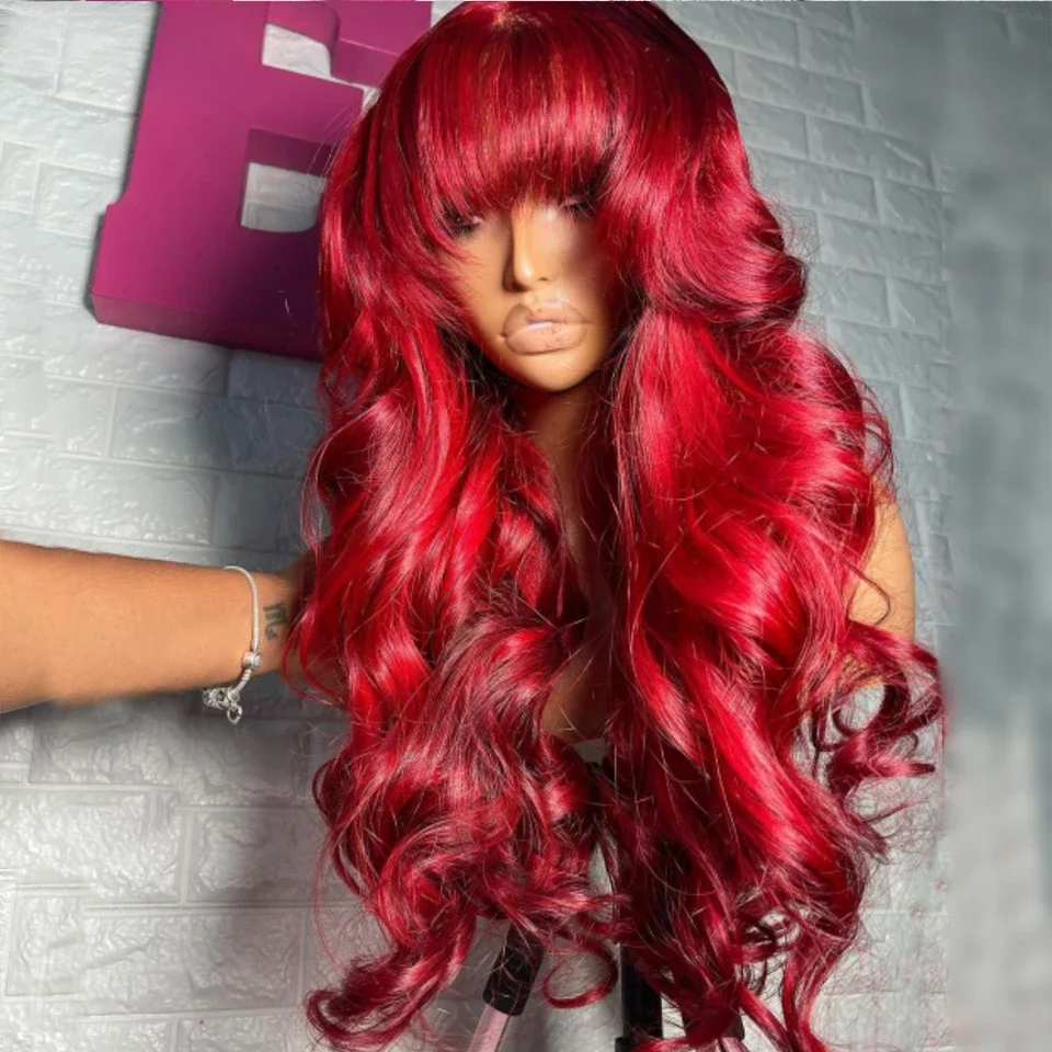 13x4 Red Human Hair Wig With Bangs HD Transparent Lace Front Wig Body Wave Lace Frontal Wig For Women Wear And Go Glueless Wig Synthetic