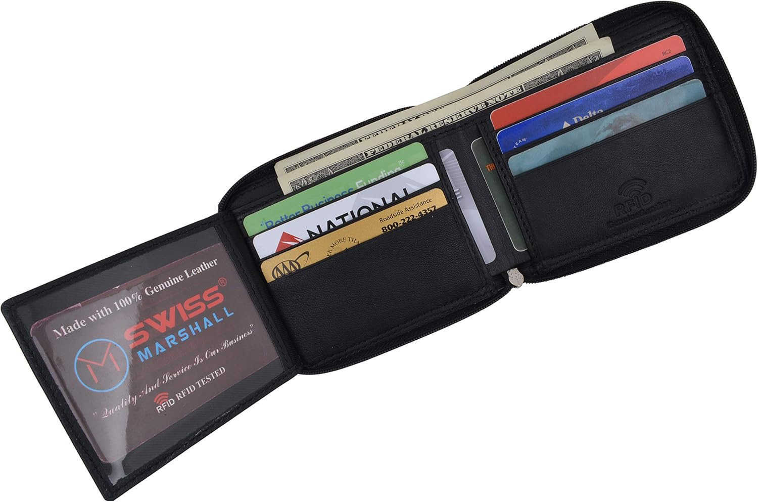Mens Zipper RFID Blocking Premium Leather ZipAround ID Bifold Wallet BlackZ250911