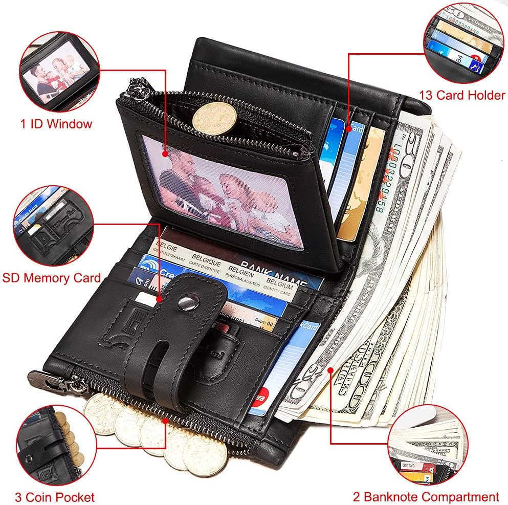 Mens Wallet with Chain Genuine Leather Purse RFID Blocking Bifold Double Zipper Coin Pocket with AntiTheft ChainZ250911