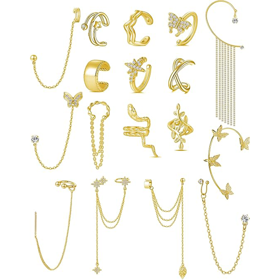 17Pcs Ear Cuffs Chain Earrings Snake Butterfly Leaf Non Piercing Clip on Earring Fake Helix Cartilage Earrings Ear Clip Jewelry Gold Tone