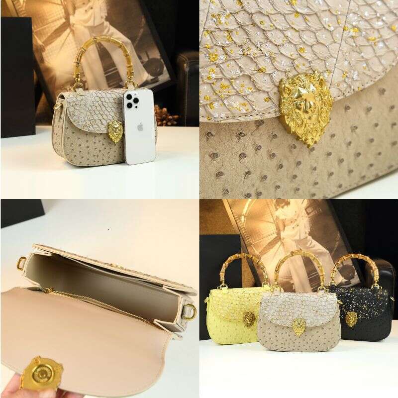 Genuine Leather Women's Shoulder Bamboo Knot Bag Spring New Ostrich Pattern Saddle Fashion High-end Light Luxury Handbag