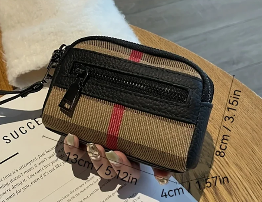 2025 new retro style wallet with double zippers, spacious keys, coin designer trendy wallet, beige, red checkered design, polyester lining