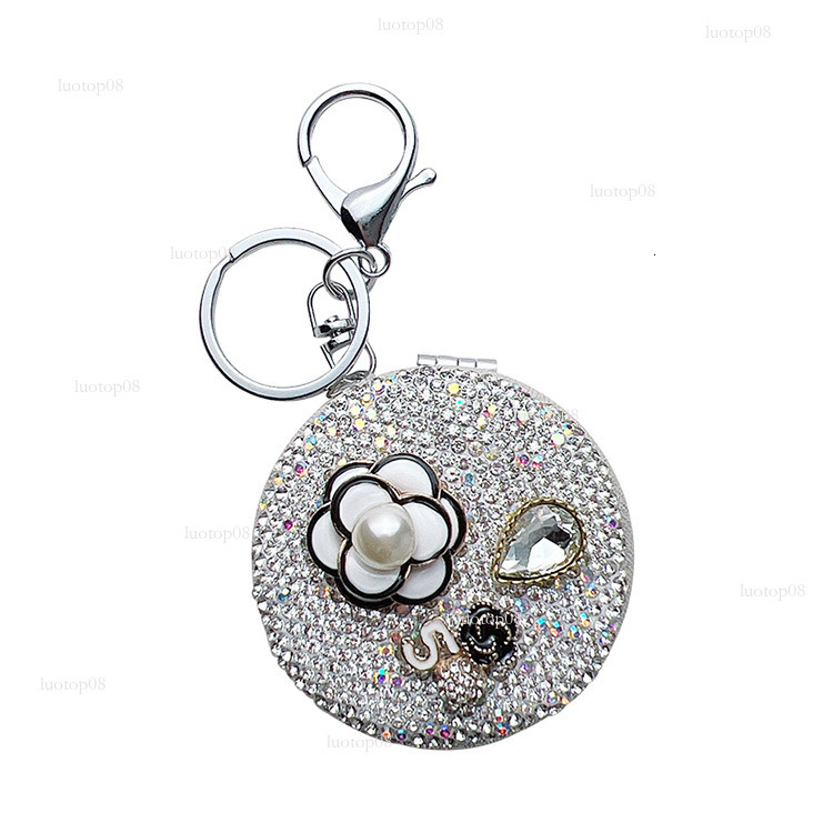Fashion style version diamondstudded White flowers style folding creative beaded portable car keychain makeup mirror bag pendant Luxurys designer