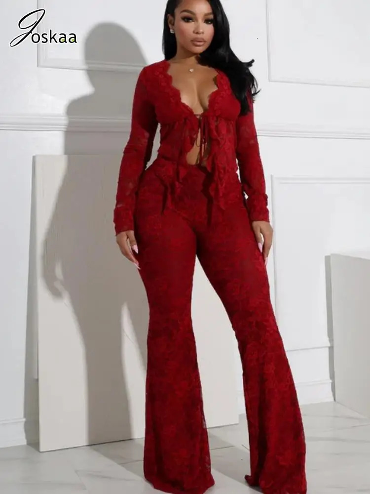 Joskaa Lace Jacquard 2 Piece Sets Women Sexy LaceUp Full Sleeve Cardigan Tops and Flared Pants Matching Midnight Clubwear 250902