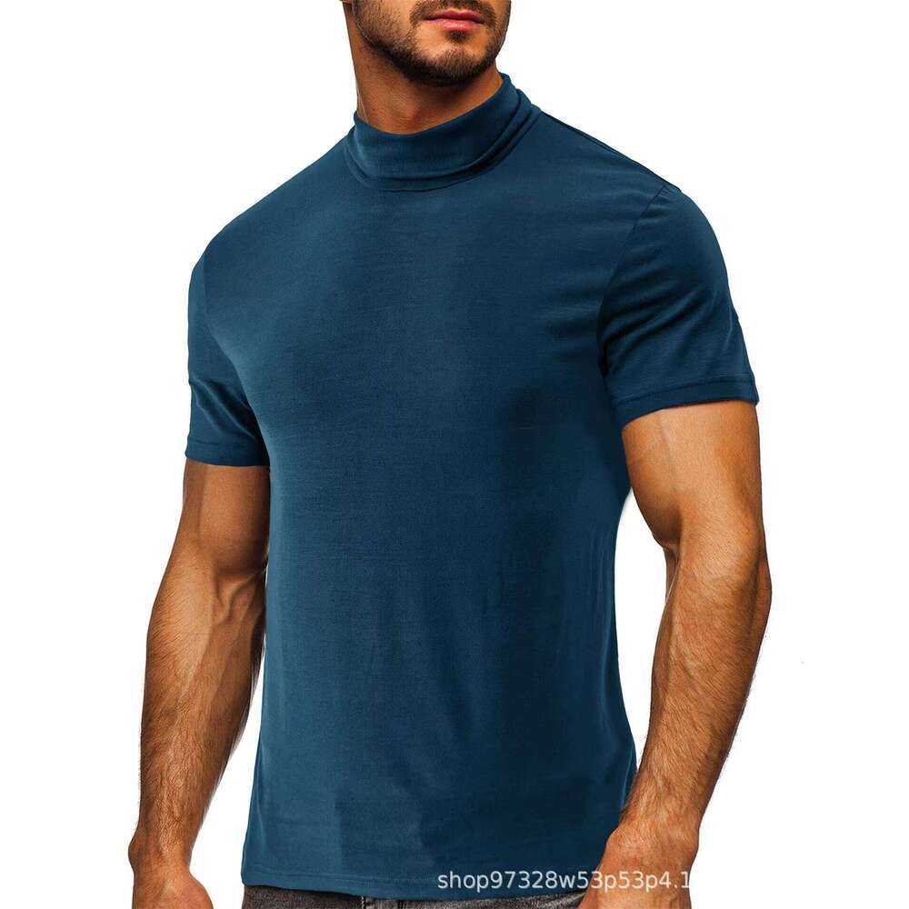 95% Polyester 5% Spandex T-Shirt Solid Color High Neck Base Men's Short Sleeve Sports Outing