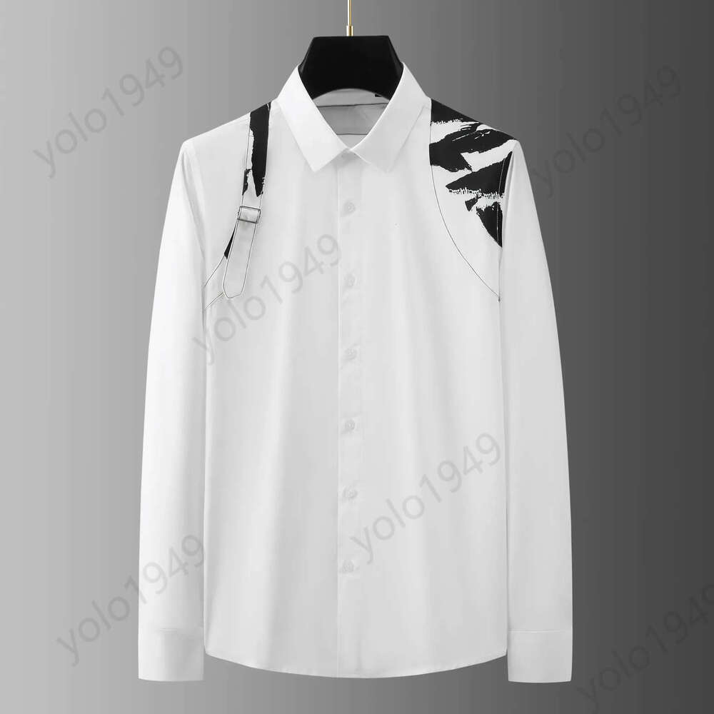 Men's Metal Buckle Shoulder Strap Mens Long-sed Shirt Slim Casual Business Formal Dress Shirts Sexy Social Party Clothing