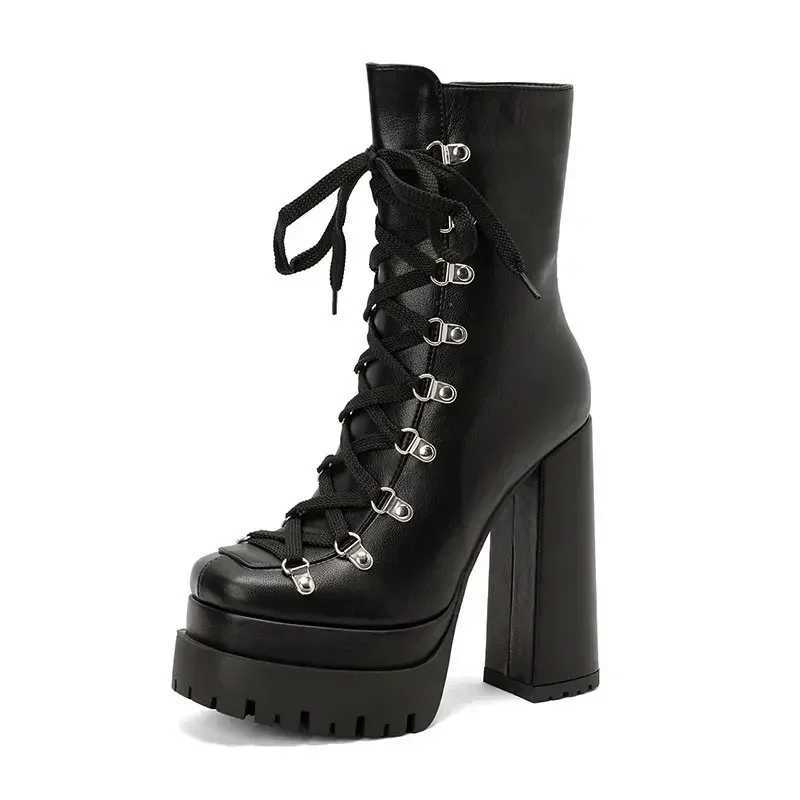 Modern Western Mature Punk Goth Female Winter Super Block High Heeled Shoes Square Toe Laceup Platform Heels Boots W250902
