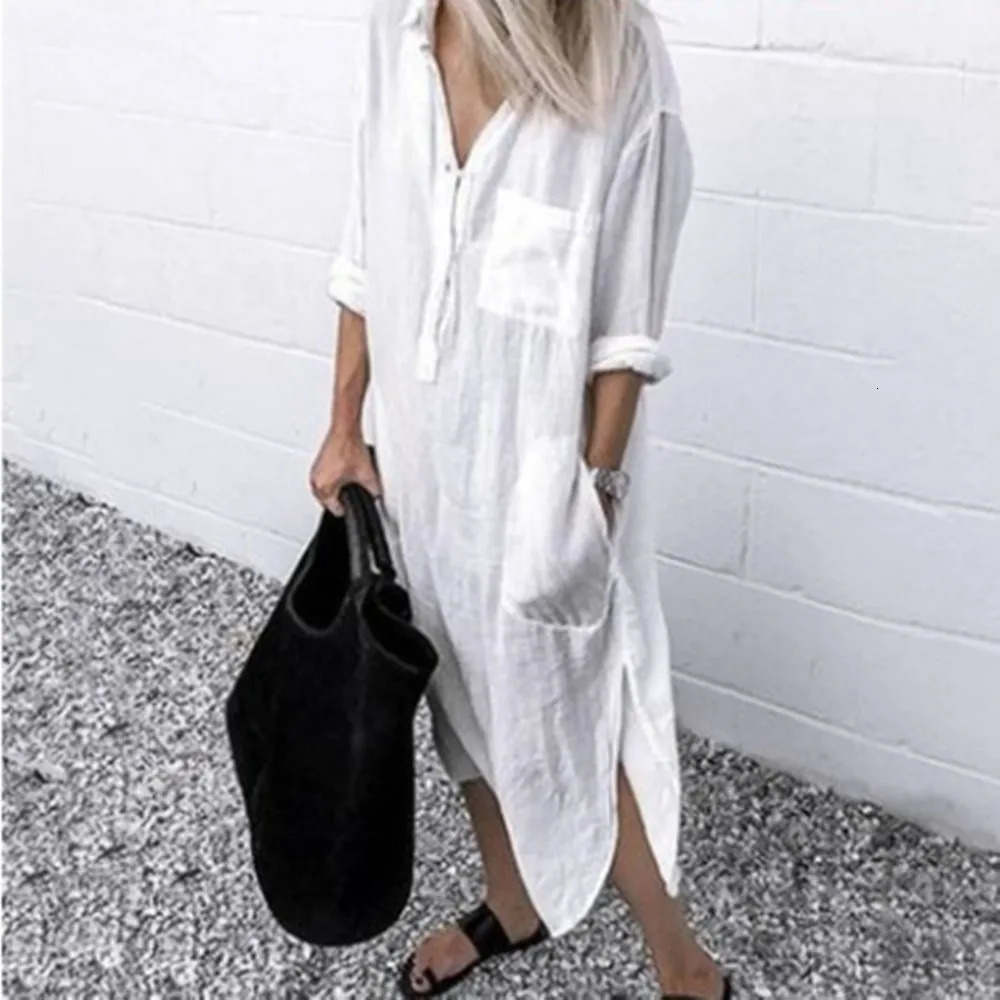 Vacation Beach Cover Up maxi Dress Women Cotton Linen Shirt Dress Summer long Sleeve Solid Button Casual Dresses Vintage Robes 250902