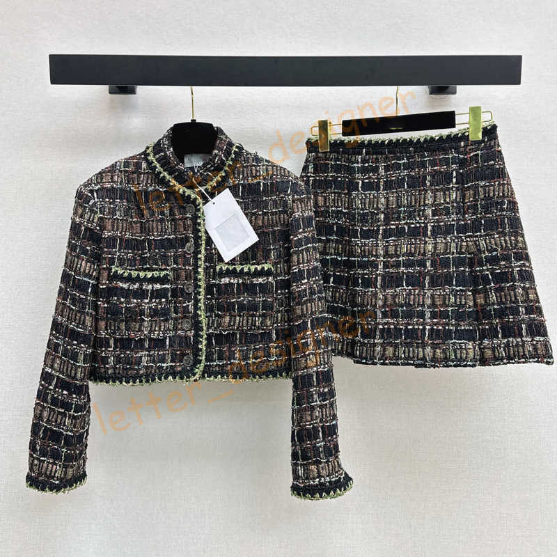 Designer Two Piece Dress for women 25Ss Autumn Winter runway dress Heavy Knitted Set Short Stand Collar Knitted Jacket High Waist A-line Skirt sets