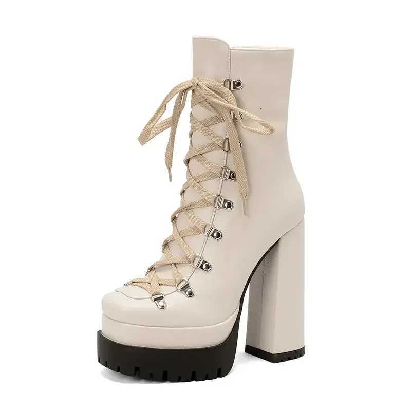 Modern Western Mature Punk Goth Female Winter Super Block High Heeled Shoes Square Toe Laceup Platform Heels Boots W250902