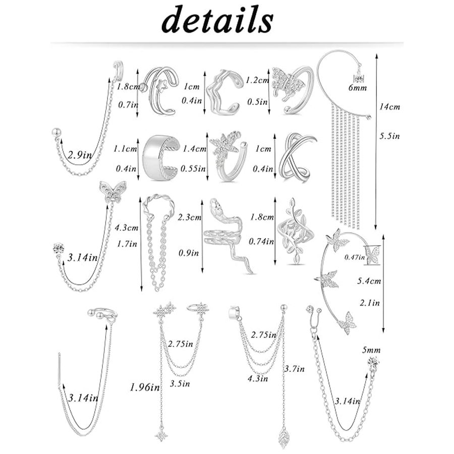 17Pcs Ear Cuffs Chain Earrings Snake Butterfly Leaf Non Piercing Clip on Earring Fake Helix Cartilage Earrings Ear Clip Jewelry Silver Tone