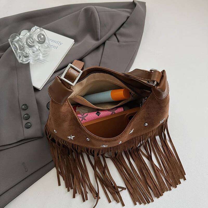 Vintage Fringe Crossbody Fashion Suede Handbag Trendy Tassel Crescent Bag For Women Work Shopping Travel Winter Fall