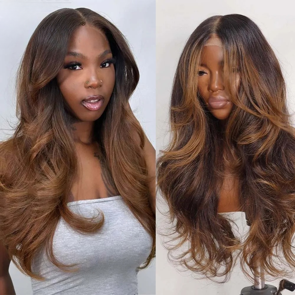 Inspired Layered Highlight Ombre Brown Colored Wig 13x4 Body Wave Lace Front Wig Glueless Wear And Go Wig With Curtain Bangs Synthetic For Wemon
