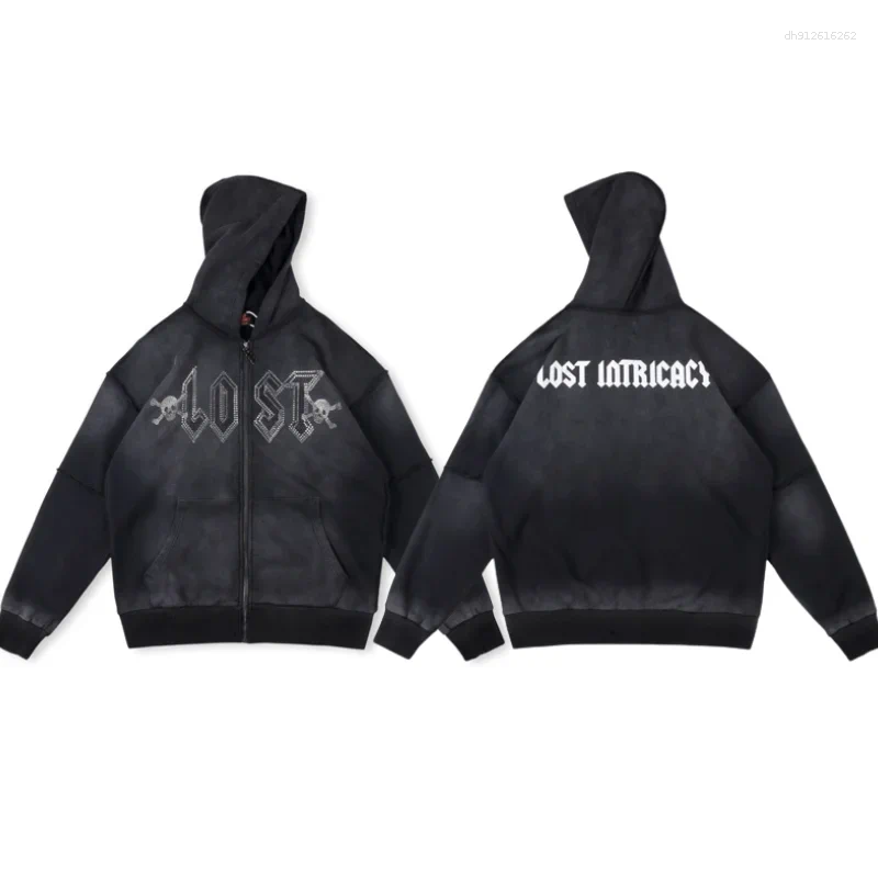 Men's Hoodies Lost Intricacy Lavender Patchwork Hoodie High Street Casual Loose Men Women Diamond Inlaid Oversize Hooded