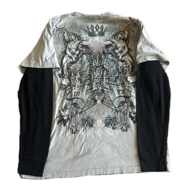 2000s Rare Skull Graphic Pullovers Tops Grunge Cyber Y2k Cross Print Layered Tshirt 90s Vintage Mall Goth Techwear Tees Women 250902