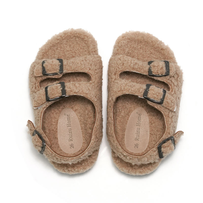 2025 Autumn Winter New Furry Kids Cork Sandals Fashion Warm and Comfortable Boys Girls Buckle Closure Sandals