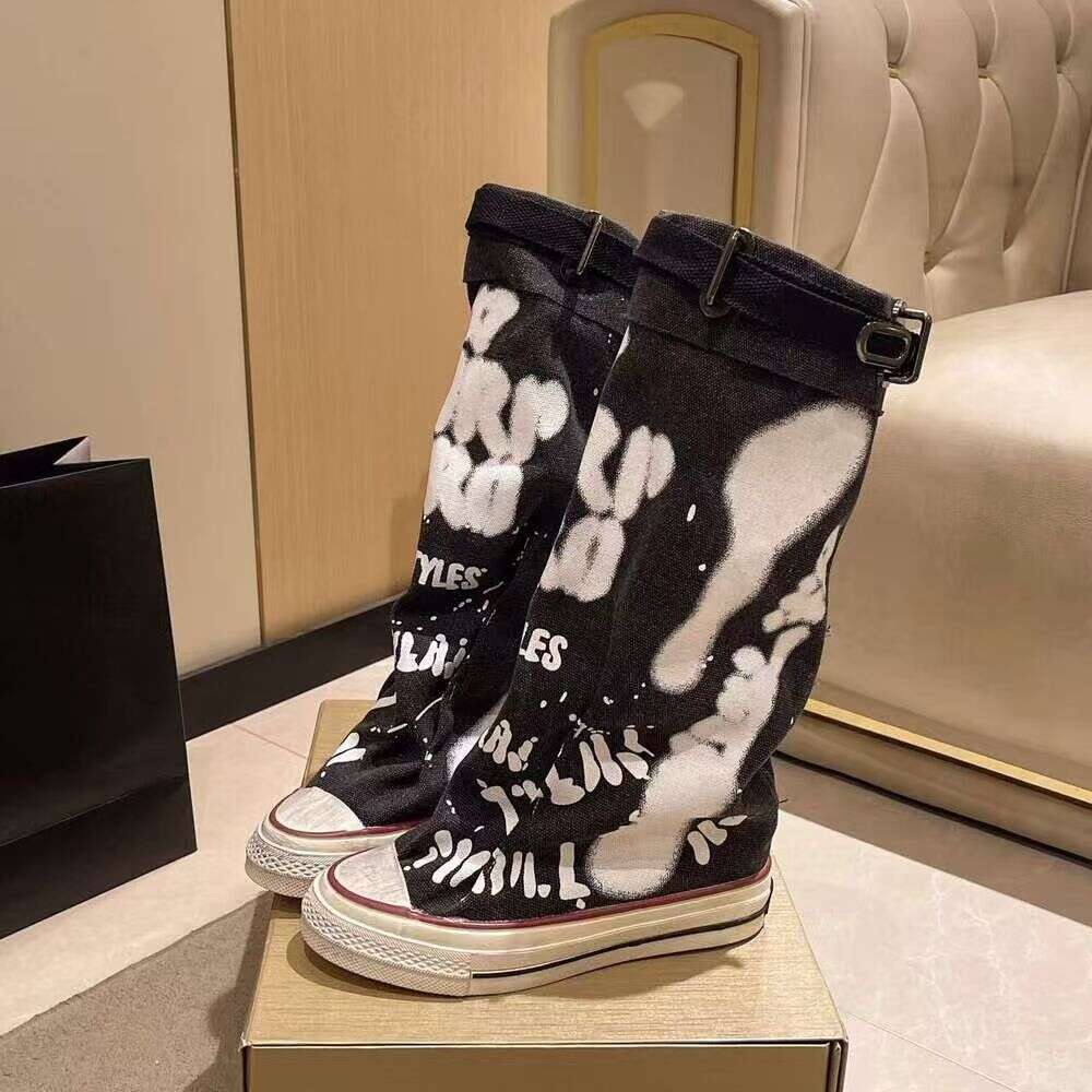 Graffiti High Top Canvas Shoes Women's Spring Wide Mid 2024 New Trouser Barrel Stacking Boots dh5727163