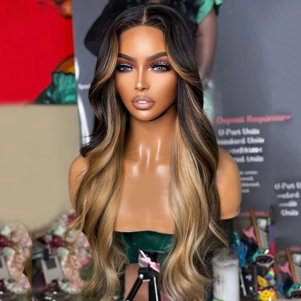 Natural Wavy Blonde Black Piano Highlight Wig Human Hair Glueless Water Wave High Density 13x4/13x6 Lace Front Wigs Pre-plucked Pre-Cut 360/Full Lace  - view 4