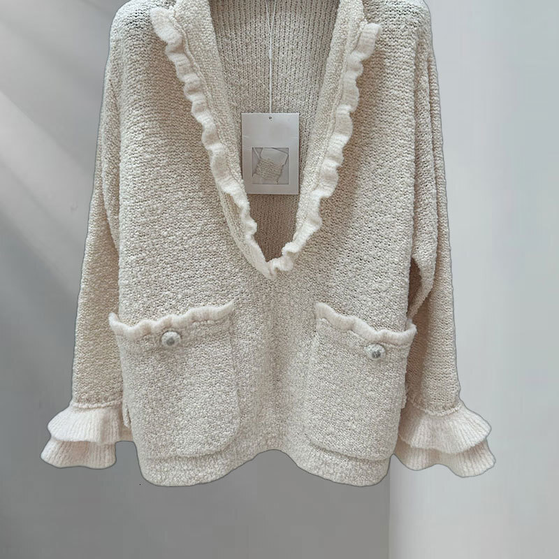 Designer Y2K Fall New Ladies Beige Knit Cashmere Wool Top, Ruffled Deep V-Neck Tie Waist Sweater with Pockets, Classic Clothing S0907