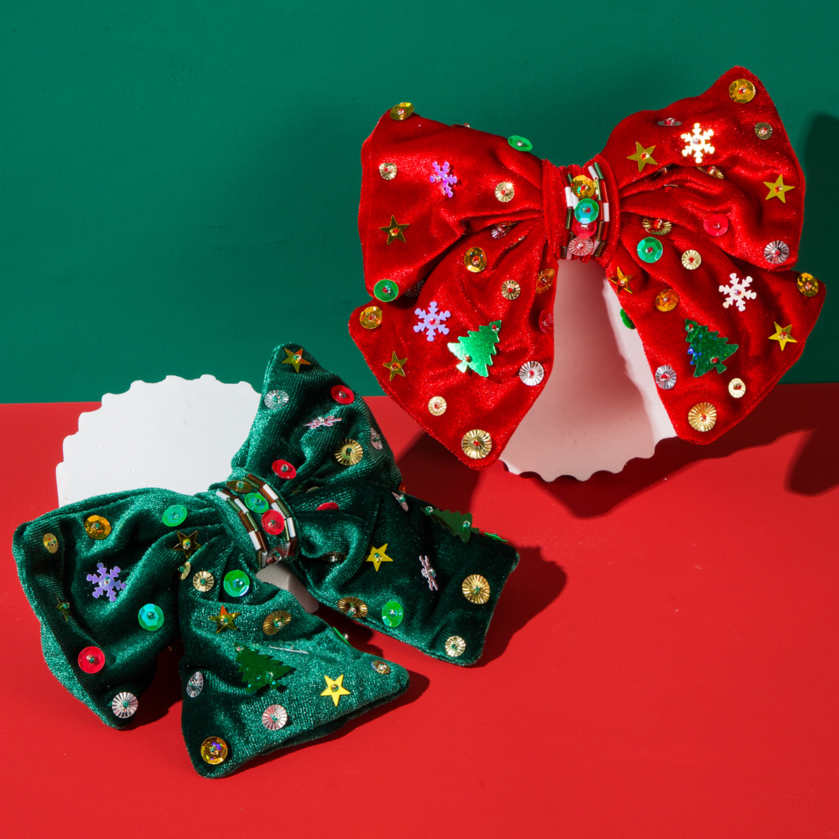 New Christmas Flannel Bow Hair Clips with Hand sewn Stars Snowflakes Christmas Tree Glitter for Sweet Party Looks