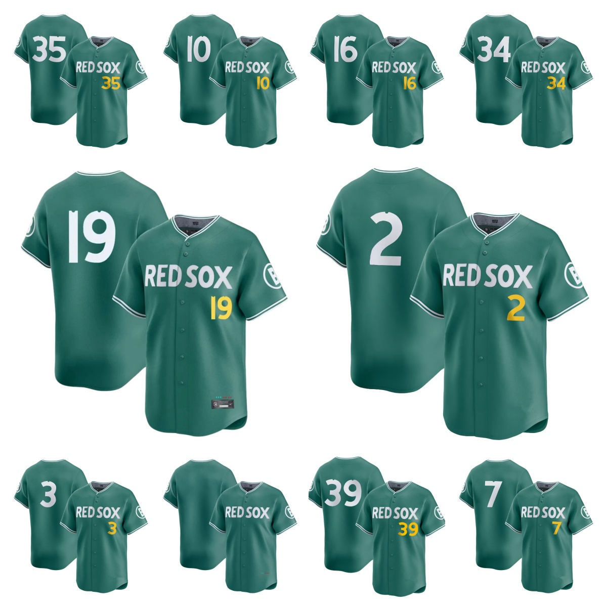 MLB Red Sox Green 2 Alex Bregman 16 Jarren Duran 11 Rafael Devers 34 David Ortiz 35 Garrett Crochet 36 Triston Casas 19 Roman Anthony 2025 City Connect Player Jersey
