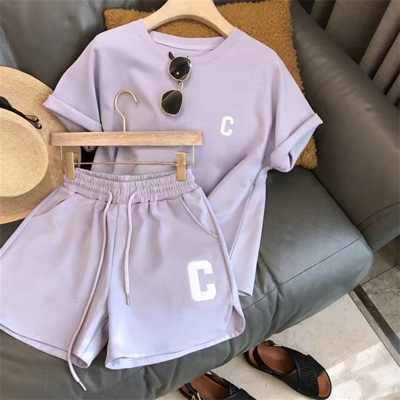 Women Tracksuit C Letter Print Short Sleeve Tshirt Drawstring Shorts Sport Suit Lady Exercise Tshirt Shorts Twopiece Suit 250902