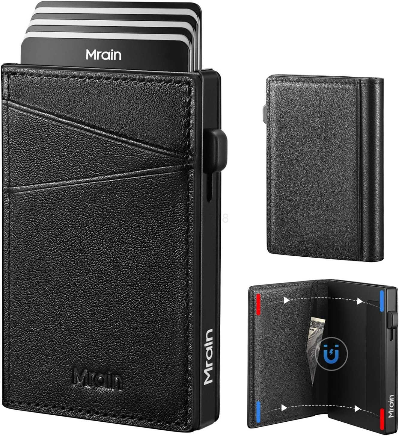 Mens Slim Premium Leather Wallet Pop Up Card Holder RFID Blocking Metal Wallet with Push Button Minimalist Design for CARD Holder Magnetic Closure Bla