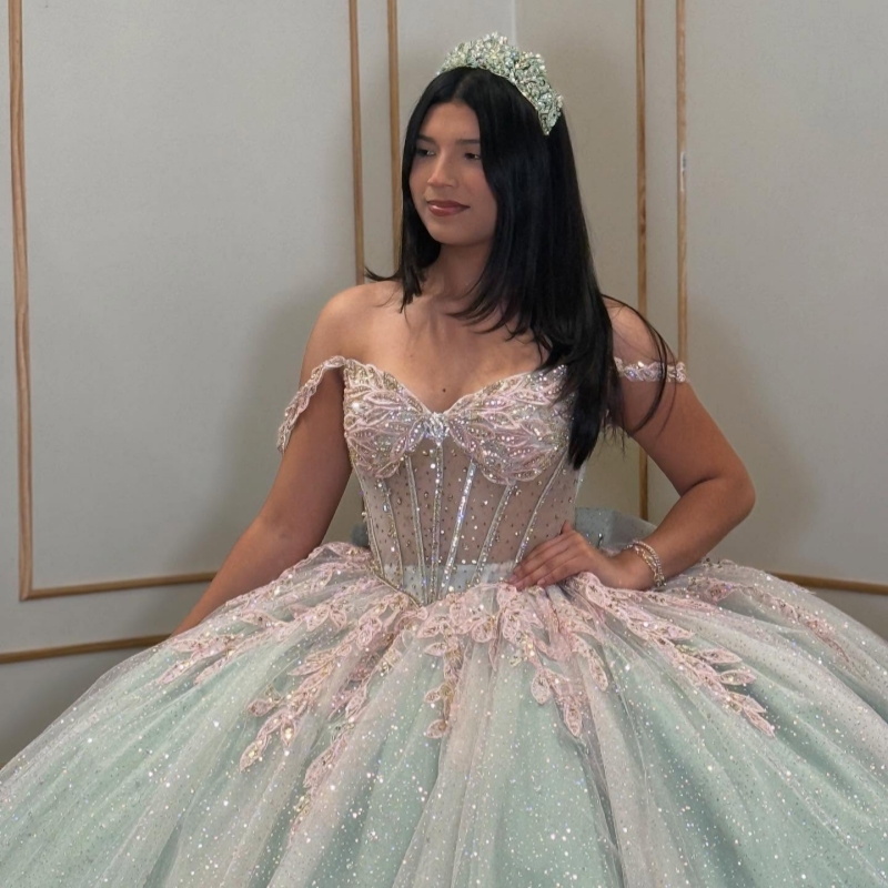 Aqua Blue Shiny Princess Off the Shoulder Sweet 16 Dress Quinceanera Dresses Applique Lace Beads Tull Corset Party Birthday Vestidos 15 De Anos