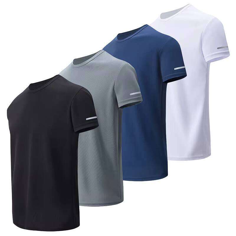 Men's Reflective Stripe Short Sleeve Casual T-Shirt Solid Color Quick-Dry Sports Running Hiking Blank Style
