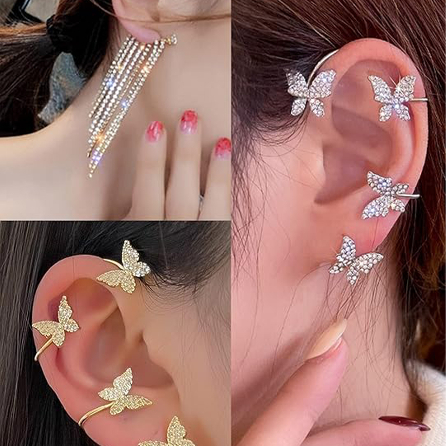 17Pcs Ear Cuffs Chain Earrings Snake Butterfly Leaf Non Piercing Clip on Earring Fake Helix Cartilage Earrings Ear Clip Jewelry Silver Tone