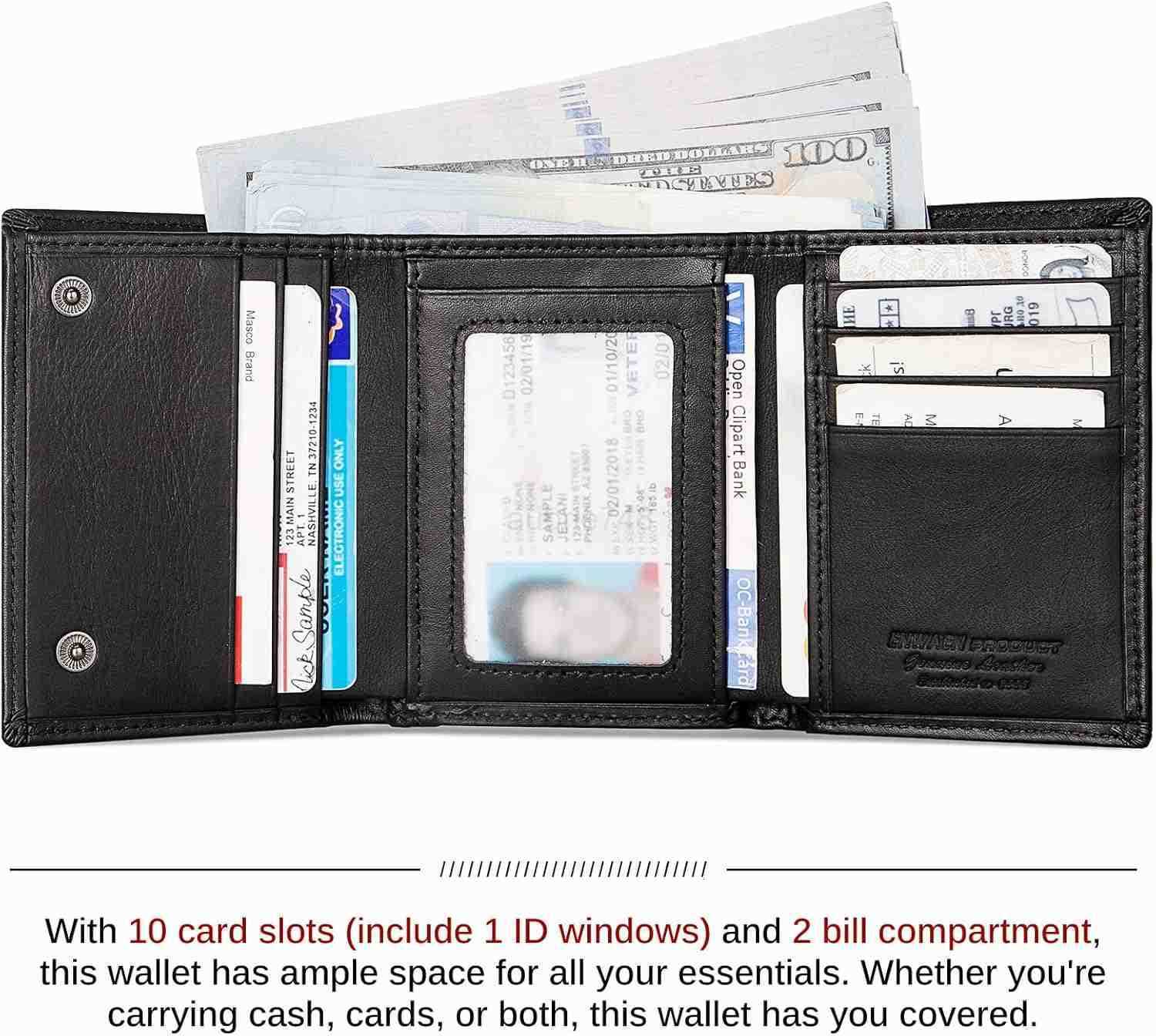 Mens Wallet with Chain Genuine Leather Trifold Wallet RFID Blocking AntiTheft Chain for Biker MotorcycleBlackZ250911