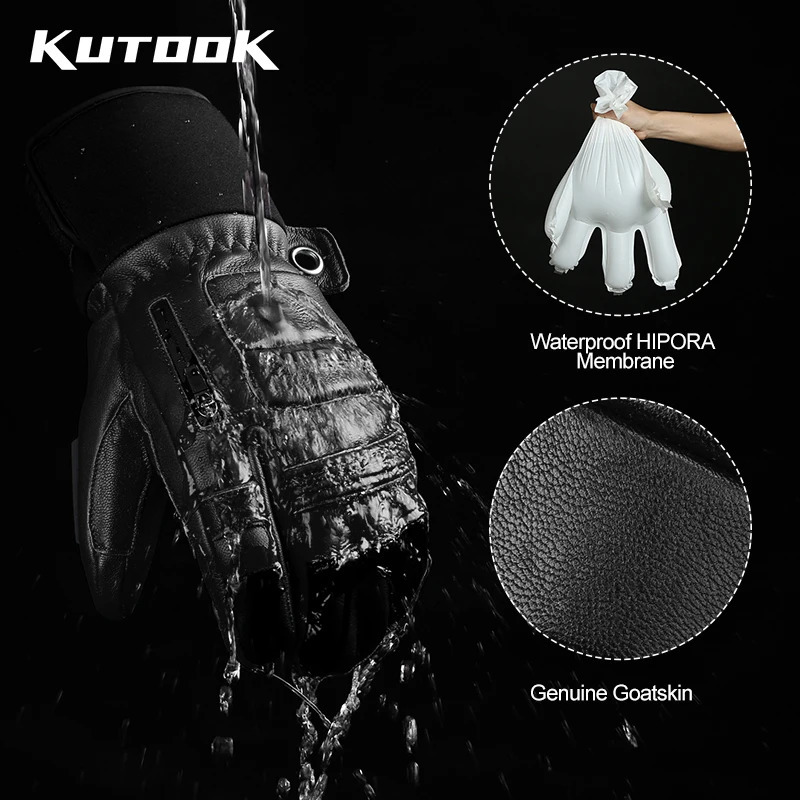 KUTOOK Outdoor Skiing Gloves Goatskin Leather Mittens Waterproof thicken Snowboard Thermal Warm Ski for Men Women 250901