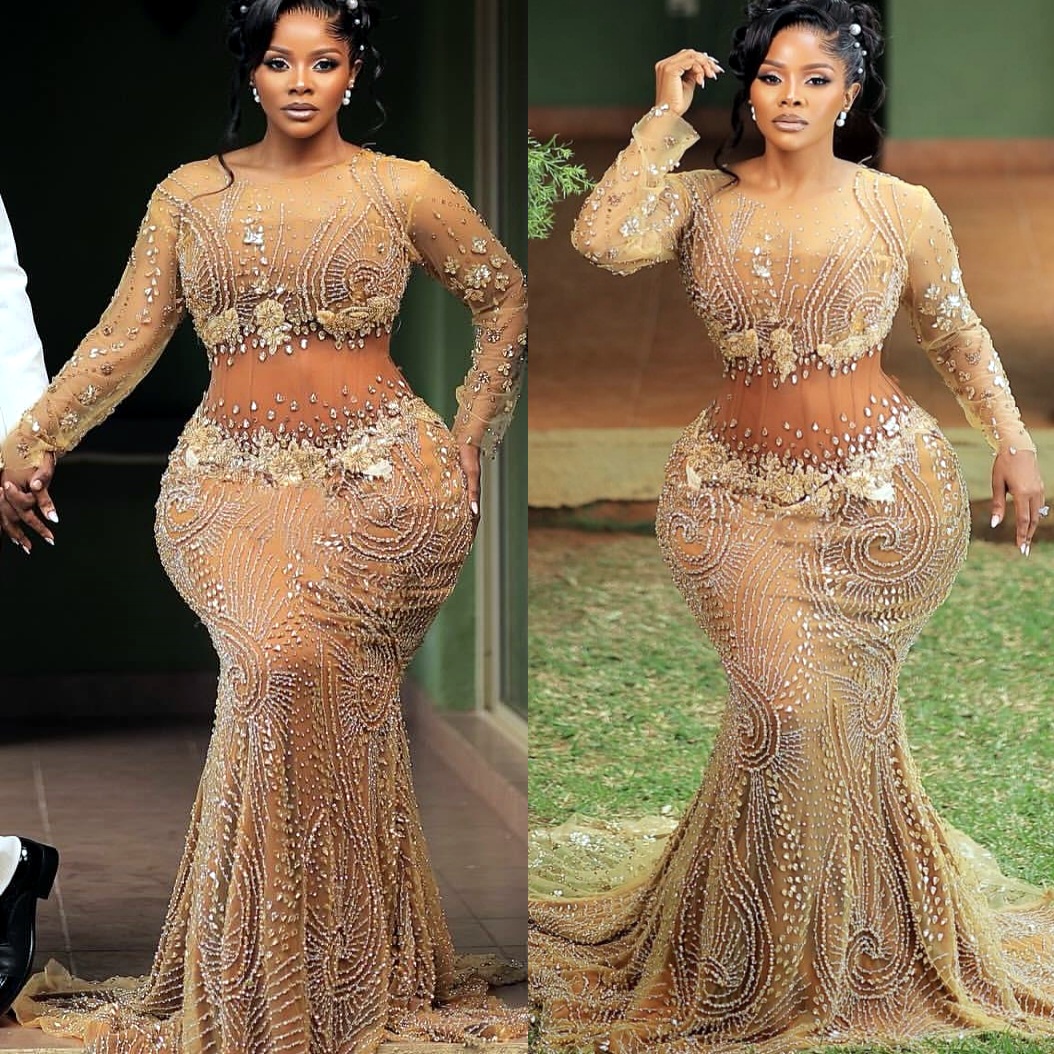 Aso Ebi Nude Mermaid Prom Dresses 2025 Illusion Crystals Sequined Evening Formal Party Second Birthday Engagement Gowns Plus Size Dress For Special Oc