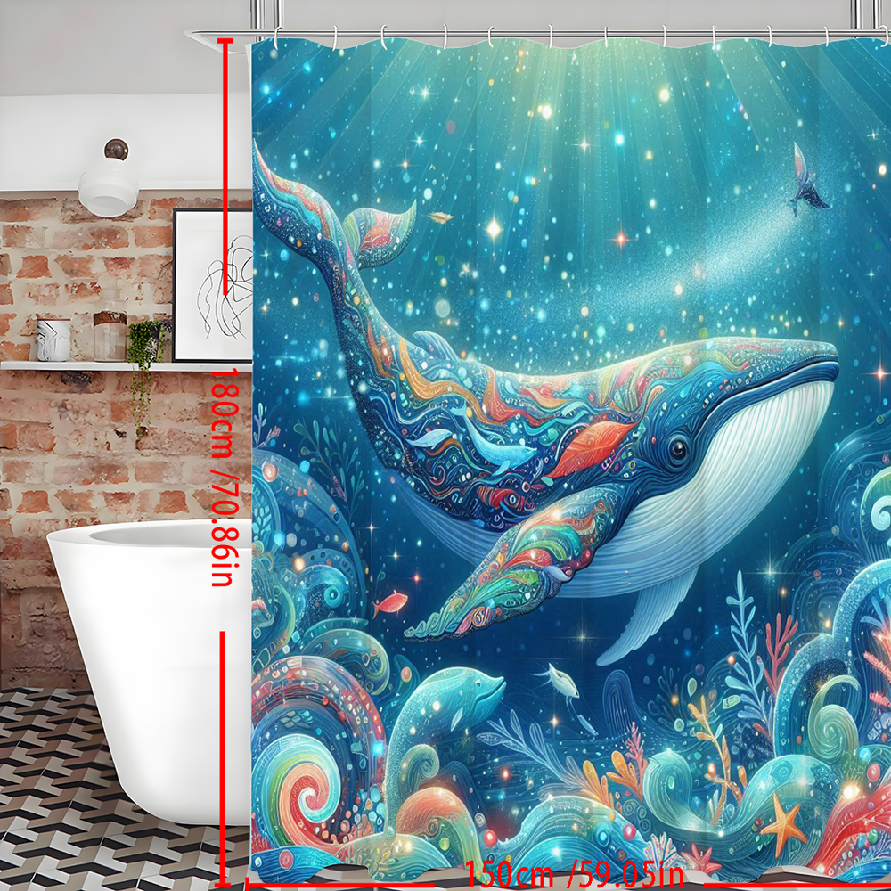No-Drill Bathroom Divider: Creative Underwater World Blue-Green Whale Shower Curtain for Bathroom Privacy